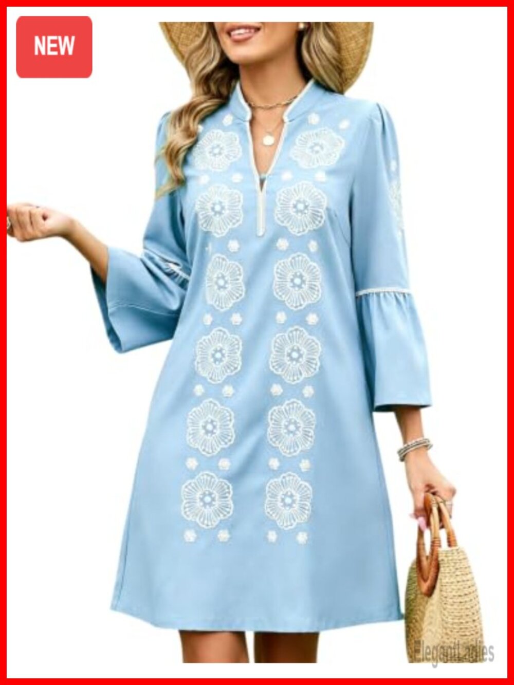 Embroidered Lace Floral Tunic Mini Dress 3/4 Puff Sleeve V Neck Pockets